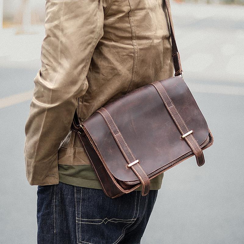 Cool Brown Leather Mens Casual 10" Courier Bags Messenger Bag Brown Postman Bag For Men