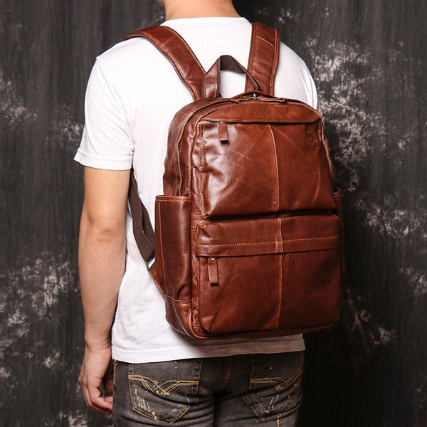 Brown Leather Men's 15 inches Computer Backpack Travel Backpack Brown Laptop College Backpack For Men - imessengerbags