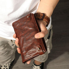 Retro Black Sheepskin Leather Men's Long Wallet Clutch Wallet Brown Phone Wallet Zipper Clutch Wallet For Men