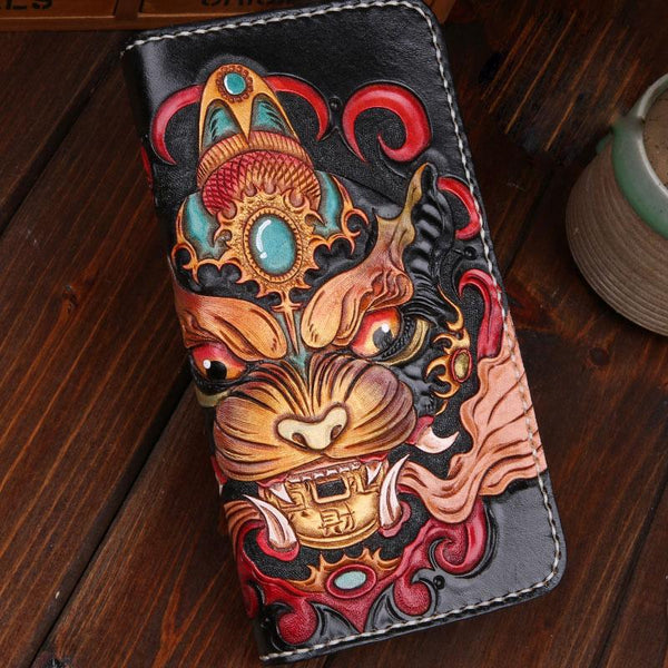 Handmade Leather Mens Clutch Wallet Tooled Cool Monster Wallet Long Zipper Wallets for Men - imessengerbags