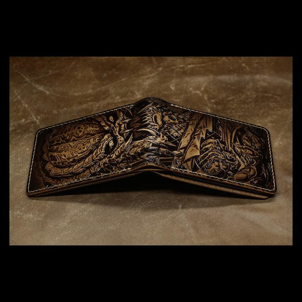 Handmade Leather Tooled Predator License Wallet Mens Card billfold Wallet Cool Leather Wallet Slim Wallet for Men - imessengerbags