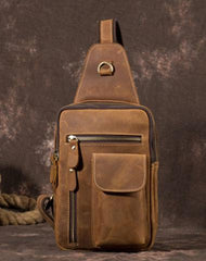 Retro Brown Leather Chest Bag Sling Bag Crossbody Sling Bag Hiking Sling Bag For Men