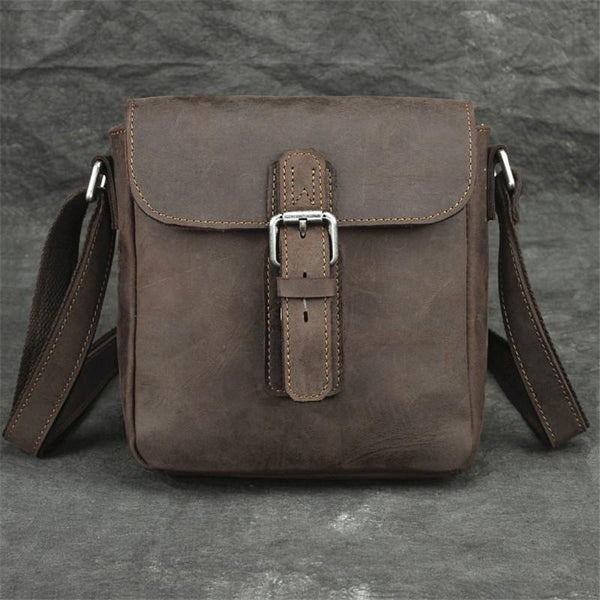 Badass Dark Brown Leather Men's 8 inches Small Side Bag Vertical Postman Messenger Bag For Men