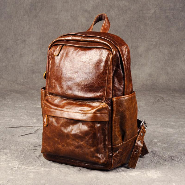Genuine Leather Mens Cool Backpack Sling Bag Large Brown Travel Bag Hiking Bag for men - imessengerbags