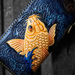 Handmade Leather Men Tooled Carp Cool Leather Wallet Long Phone Wallets for Men - imessengerbags