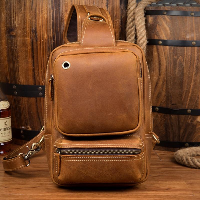 Casual Brown Mens Leather Large Sling Bag One Shoulder Pack Chest Bag Sling Backpack for men - imessengerbags