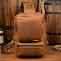 Casual Brown Mens Leather Large Sling Bag One Shoulder Pack Chest Bag Sling Backpack for men - imessengerbags
