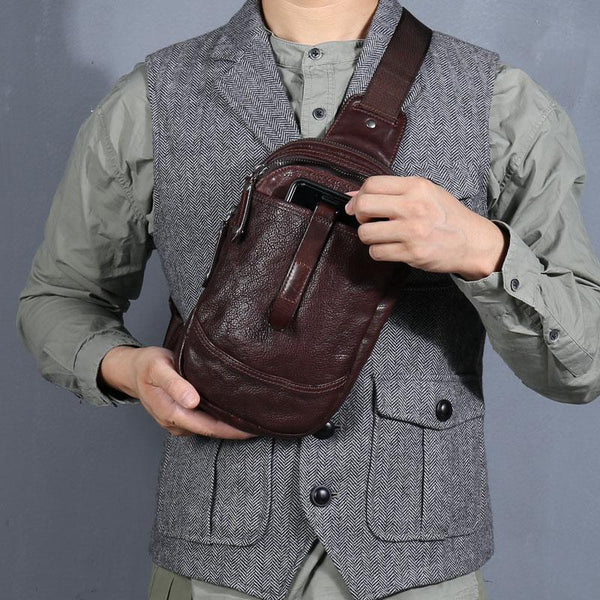 Casual Tan Leather Mens Chest Bag Sling Bag Coffee Crossbody Pack One Shoulder Backpack for Men - imessengerbags