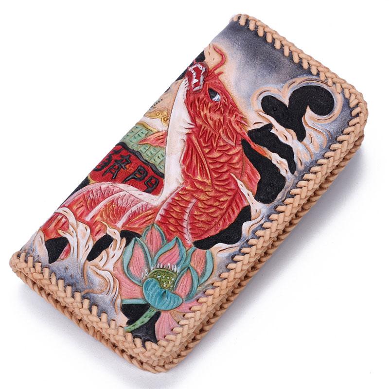Handmade Leather Mens Clutch Wallet Cool Carp Tooled Wallet Long Zipper Wallets for Men - imessengerbags