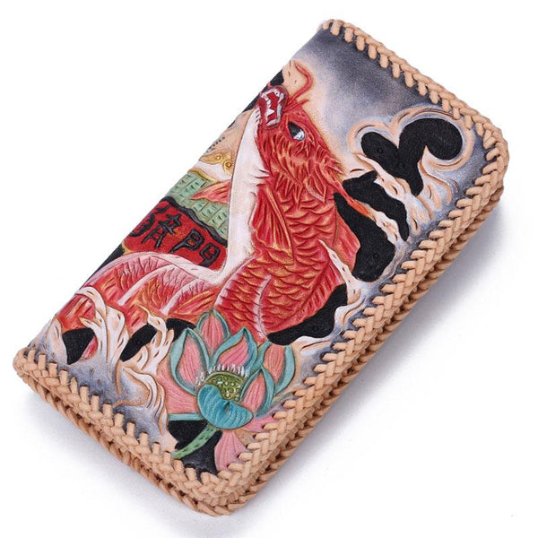 Handmade Leather Mens Clutch Wallet Cool Carp Tooled Wallet Long Zipper Wallets for Men - imessengerbags