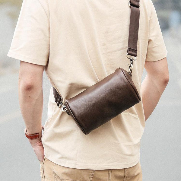 Black Leather Mens Small Casual Bucket Bag Barrel Messenger Bags Brown Postman Bag For Men - imessengerbags