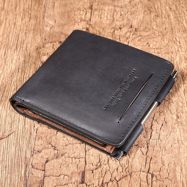 Leather Mens Black Small billfold Wallet Bifold Business Card Wallet For Men with Pen - imessengerbags