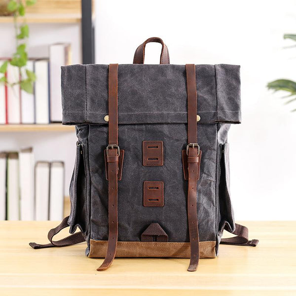 Waxed Canvas Leather Mens 16‘’ Army Green Backpack Travel Backpack Gray Hiking Backpack for Men - imessengerbags