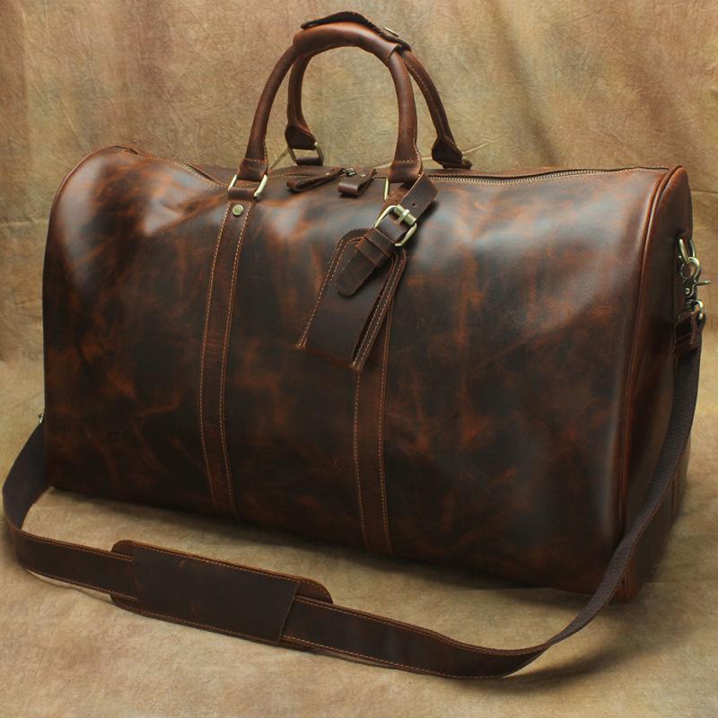 Large Leather Mens Barrel Overnight Bags Weekender Bag Travel Bags For Men