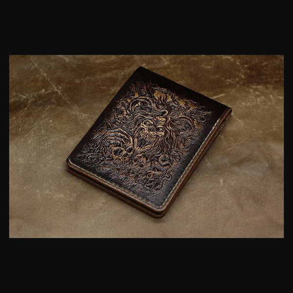 Handmade Leather Tooled Death Metal Mens billfold Wallet Cool Leather Wallet Slim Wallet for Men - imessengerbags