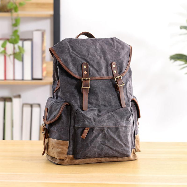 Waxed Canvas Leather Mens Army Green 15‘’ Large Backpack Travel Backpack College Backpack for Men - imessengerbags