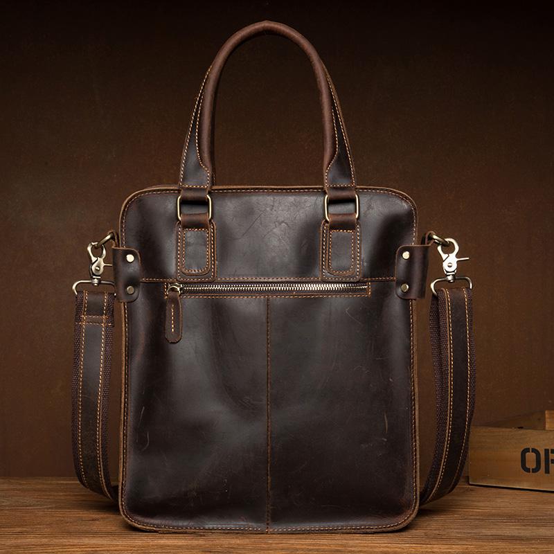 Vintage Dark Brown Leather 12 inches Veritcal Briefcase Work Bag Messenger Bags Handbag for Men