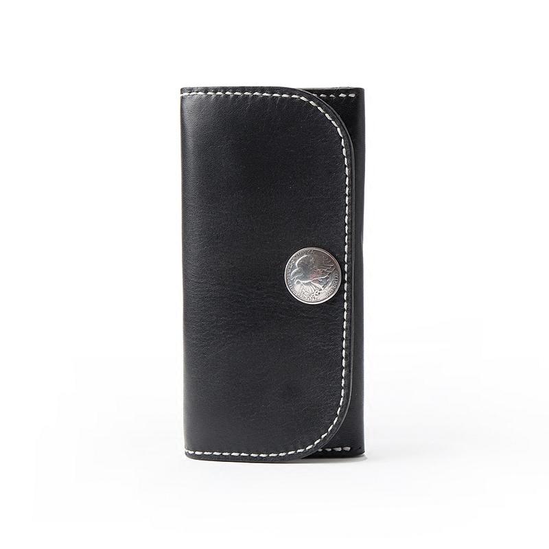 Black Handmade Leather Mens Long Wallet Bifold Card Wallets Buckle Wallet For Men