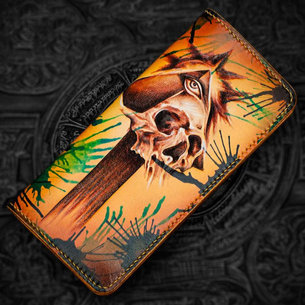 Handmade Leather Men Tooled Skull Cool Leather Wallet Long Phone Wallets for Men - imessengerbags
