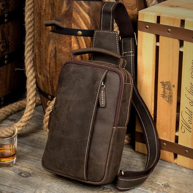 Vintage Brown Leather Mens Crossbody Pack Sling Bag Sling Pack Casual Chest Bags One Shoulder Backpack for Men
