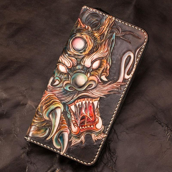Handmade Leather Mens Clutch Wallet Cool Chinese Dragon Tooled Wallet Long Zipper Wallets for Men - imessengerbags