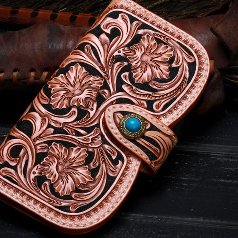 Handmade Leather Tooled Floral Mens Clutch Wallet Cool Wallet Long Wallets for Men Women - imessengerbags