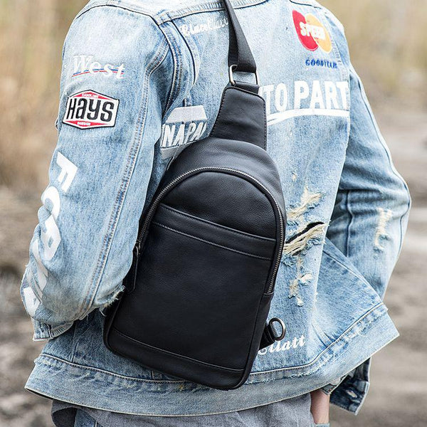 Black Casual Leather Mens Sling Bag Chest Bags Black One Shoulder Backpack Sling Pack for Men - imessengerbags