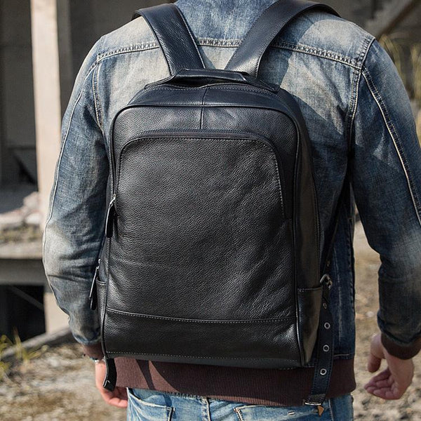 Black Fashion Mens Leather 15-inch Business Computer Backpacks Laptop Backpacks Black College Backpack for men - imessengerbags