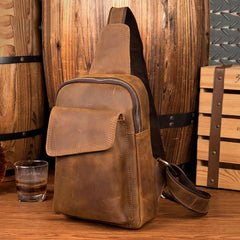 Cool Dark Brown Leather Mens Sling Bag Crossbody Pack One Shoulder Pack Brown Chest Bag for men - imessengerbags