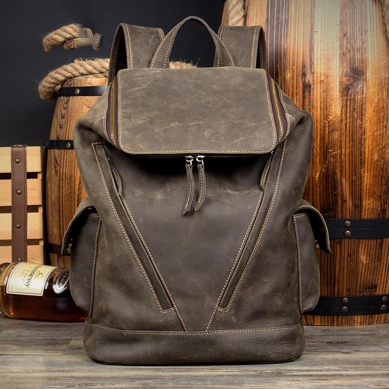 Casual Black Mens Leather 14-inch Large Computer Backpacks Brown College Backpack School Backpacks for men - imessengerbags