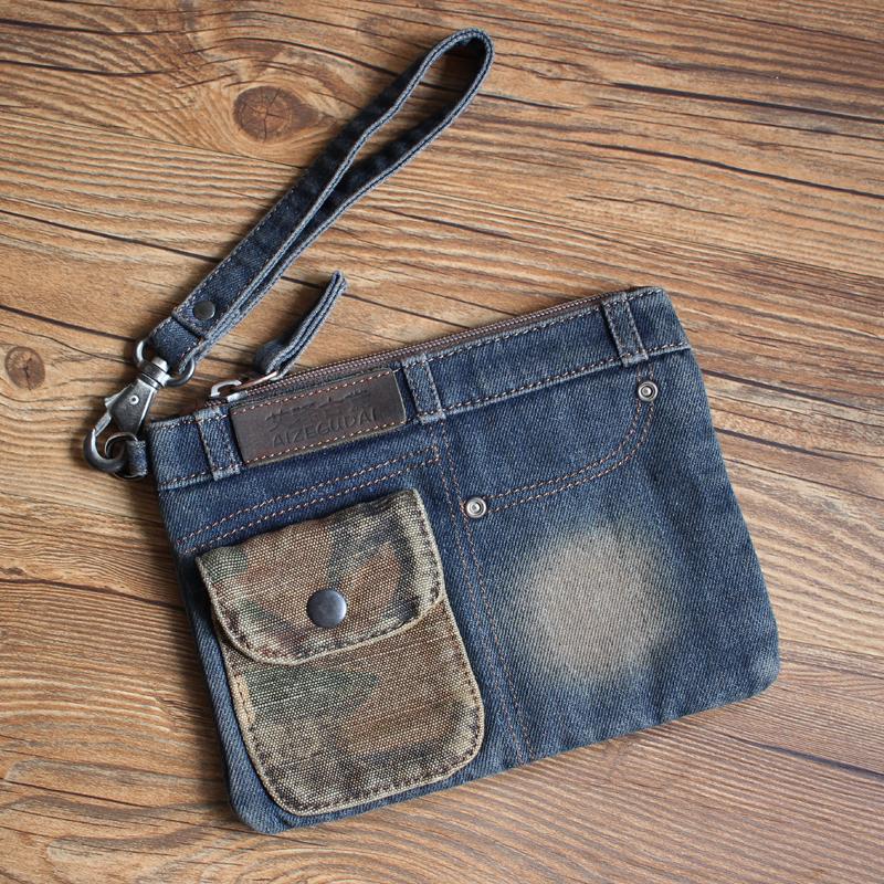 Cool Denim Blue Mens Envelope Bag Clutch Jean Wristlet Bag Hand Bag For Men - imessengerbags