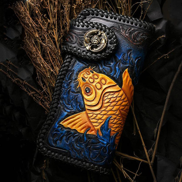 Handmade Leather Carp Mens Chain Biker Wallet Cool Leather Wallet With Chain Wallets for Men - imessengerbags