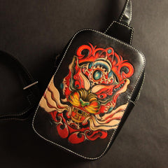 Cool Handmade Tooled Leather Tang Lion Sling Bag Chest Bag One Shoulder Backpack For Men - imessengerbags