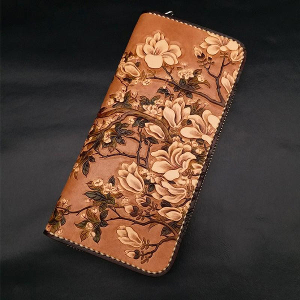 Handmade White Flowers Magnolia denudata Tooled Leather Womens Long Wallet Zipper Clutch For Women - imessengerbags