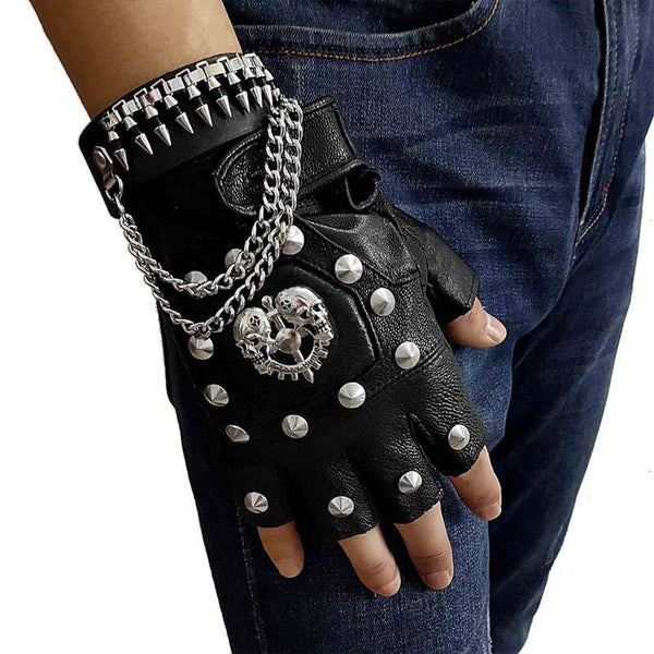 Mens Punk Skull Black Cool Leather Half-Finger Rock Gloves Motorcycle Gloves Black Biker Gloves For Men - imessengerbags