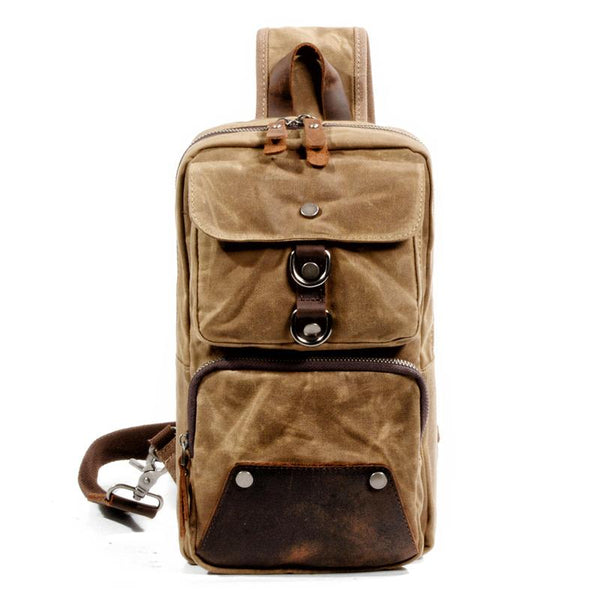 Cool Canvas Leather Mens Sling Bag Waterproof Chest Bag One Shoulder Backpack Phone Bag for Men - imessengerbags