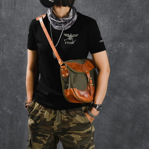 Canvas Leather Mens Womens Army Green Saddle Side Bag Messenger Bag Small Shoulder Bag For Men - imessengerbags