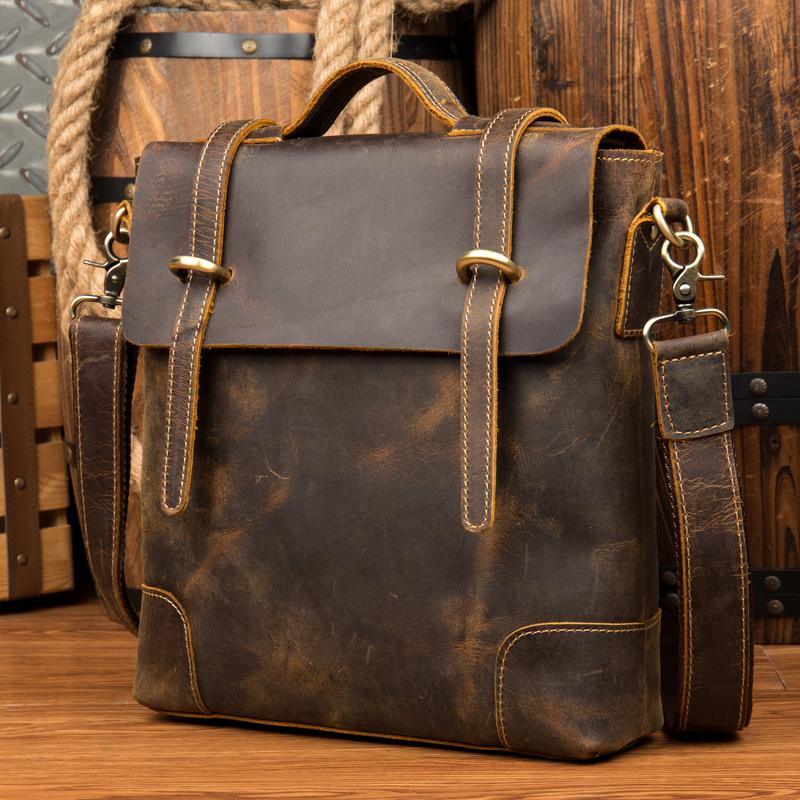 Vintage Brown Cool Leather 13 inches Vertical Briefcase Messenger Bags Side Bags for Men