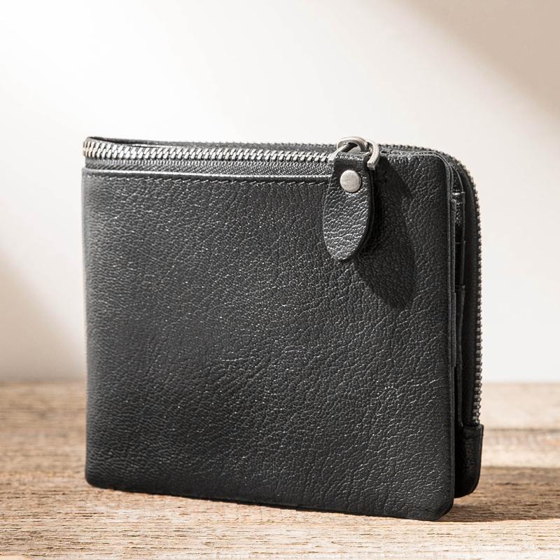 Black Leather Mens Small Wallet Front Pocket Wallet Black Bifold Slim billfold Wallet for Men - imessengerbags