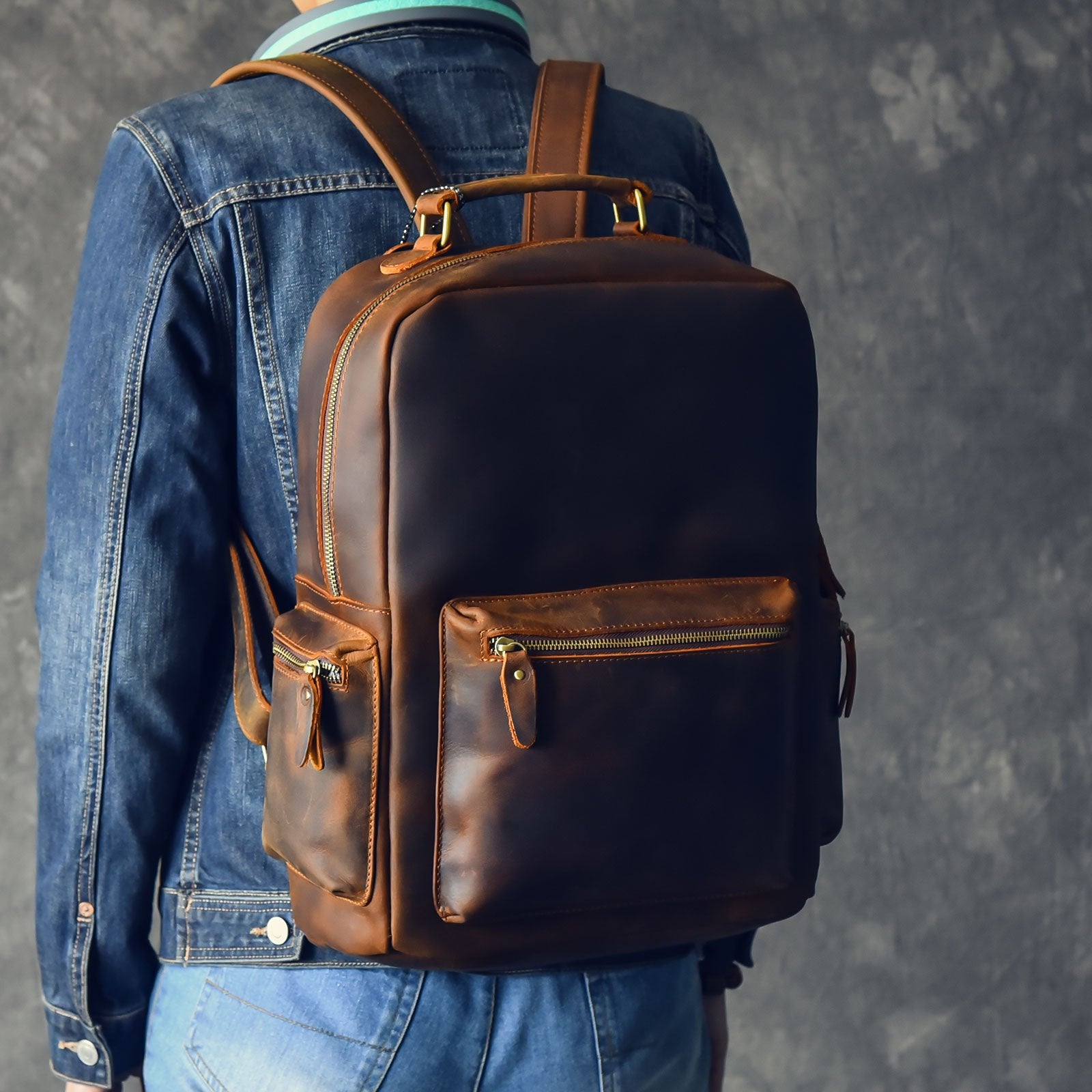 Vintage Brown Leather Mens 15" Laptop Backpack Hiking Backpack Travel Backpack College School Bag for Men - imessengerbags