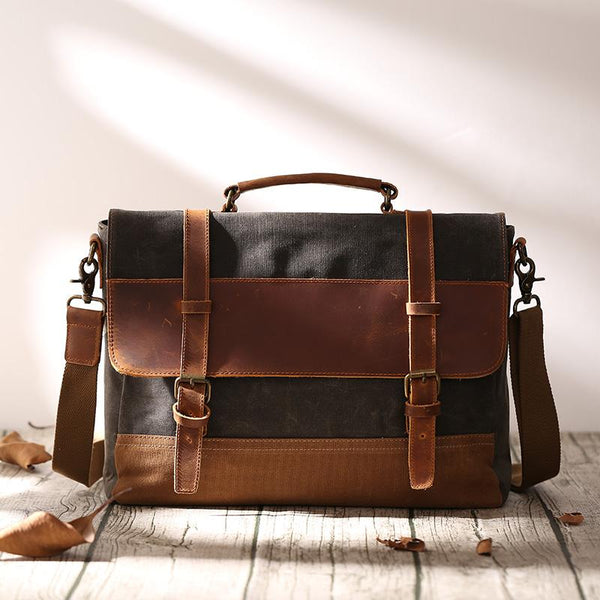 Canvas Leather Mens Side Bag Gray 14'' Briefcase Postman Bag Messenger Bag for Men