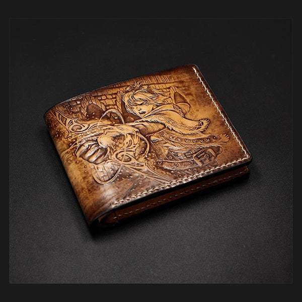 Handmade Leather Tooled League of Legends LOL Ezreal the Prodigal Explorer Mens billfold Wallet Cool Leather Wallet Slim Wallet for Men - imessengerbags