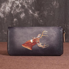 Brown Vintage Deer Wallet Leather Mens Womens Gray Long Wallet Zipper Clutch Wallet For Men