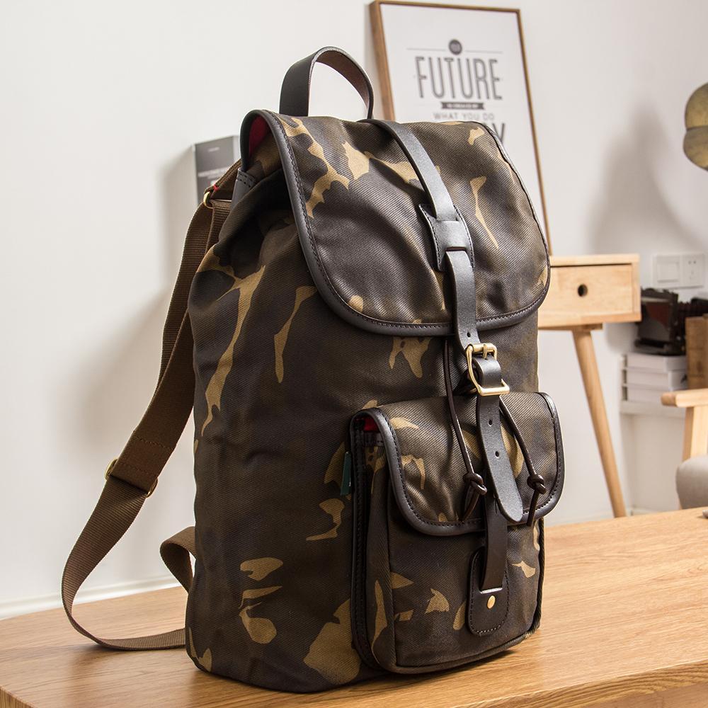 Camouflage Canvas Leather Mens Large 14'' Laptop Backpack College Backpack Hiking Backpack for Men - imessengerbags