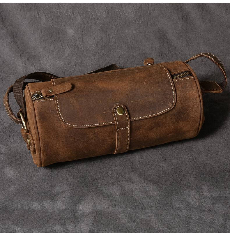 Leather Mens Vintage Brown Side Bag Barrel Messenger Bag Small Bucket Bag For Men - imessengerbags