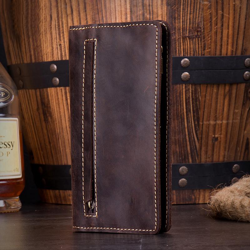 Dark Brown Cool Mens long Wallet Bifold Long Wallet Phone Wallet for Men - imessengerbags
