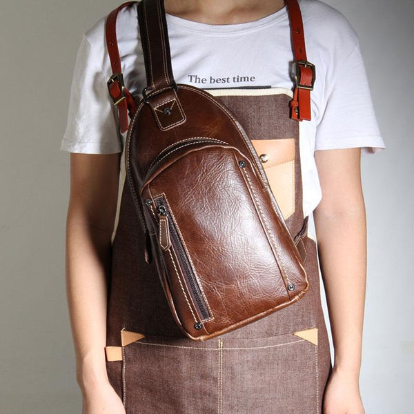 Genuine Leather Mens Cool Chest Bag Sling Bag Crossbody Bag Travel Bag Hiking Bag for men