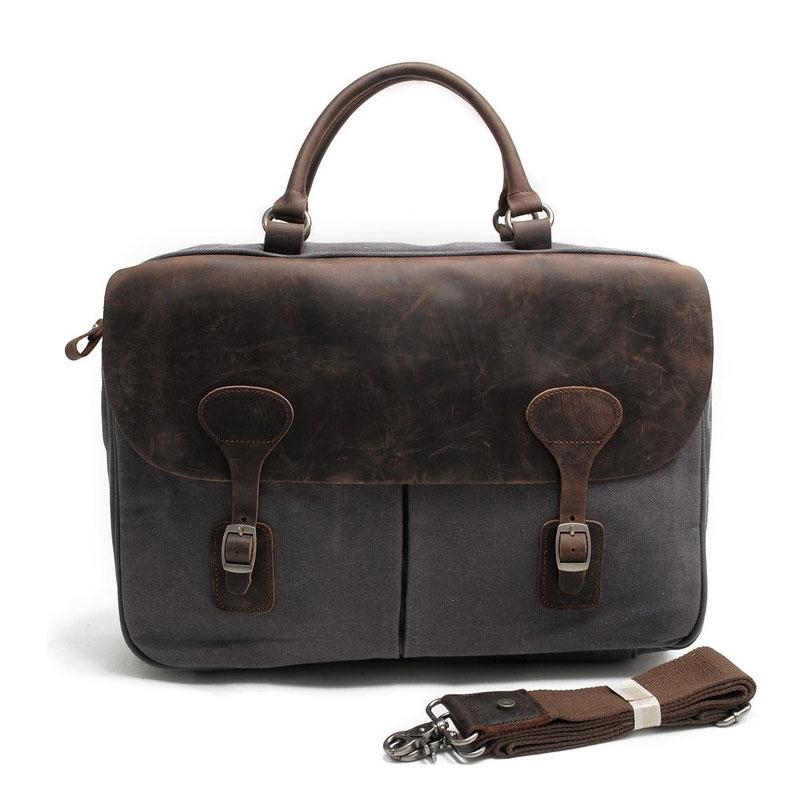 Mens Waxed Canvas Leather Briefcase Handbag Laptop Bag Business Bag for Men - imessengerbags