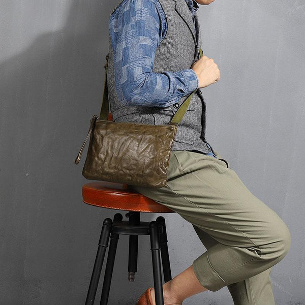 Casual Green Leather Mens Small Side Bag Messenger Bag Brown Post Bag Courier Bags for Men - imessengerbags