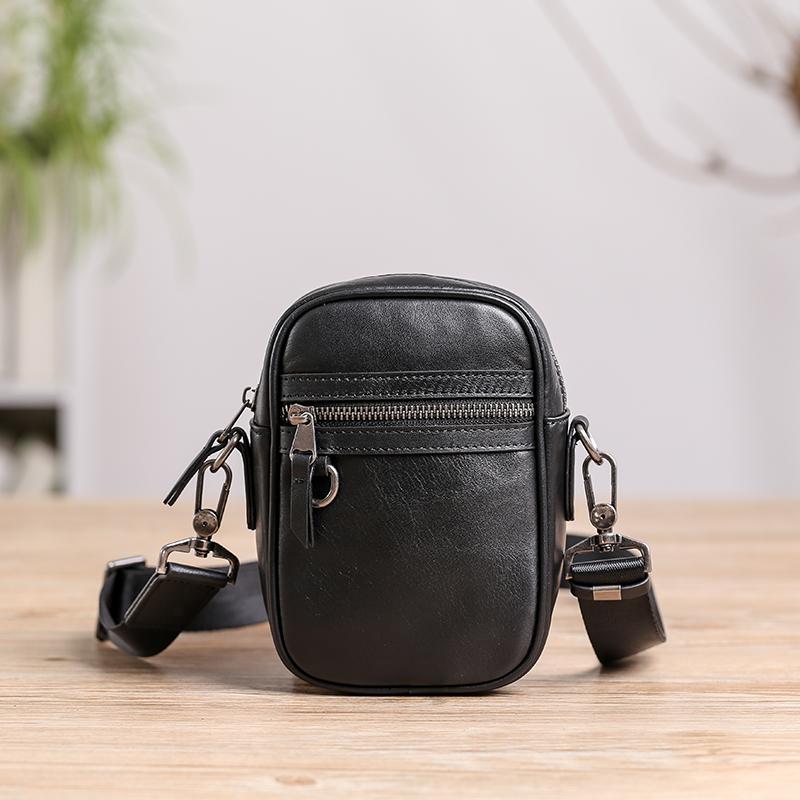 Black Leather MENS Small Vertical Side Bag Black MIni Messenger Bag Mobile Bag For Men